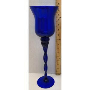 Elegant Blue Glass Candle Holder, 15.75" tall